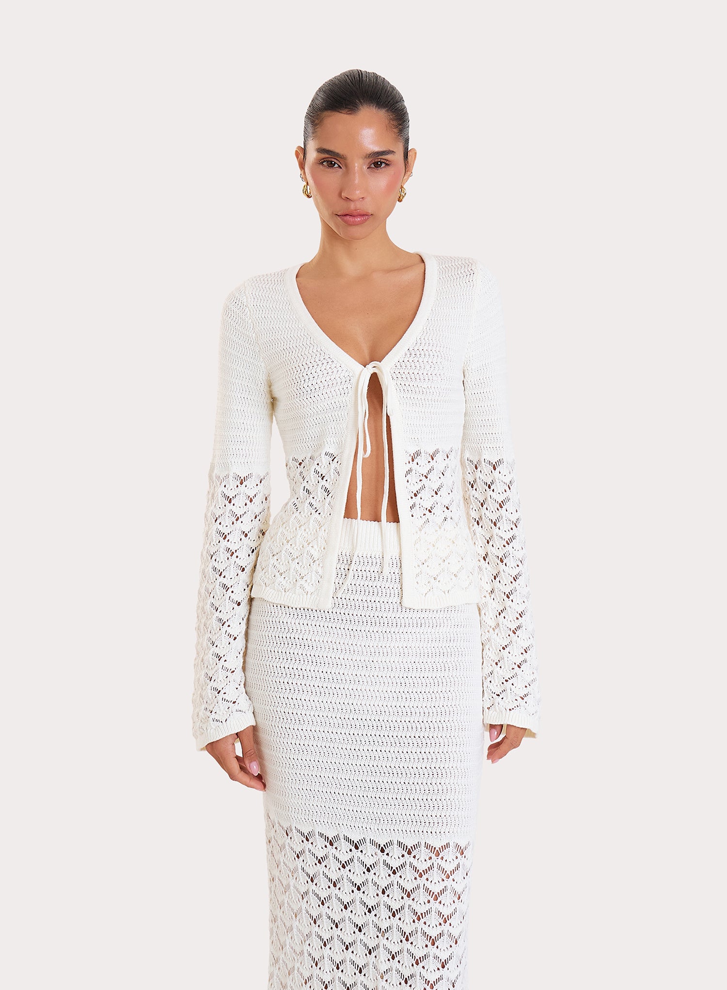 Cream Crochet Tie Front Longsleeve Top